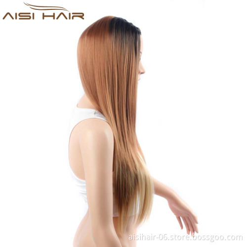 The Best Selling Long Straight Ombre Brown Wigs For Women With Dark Roots Heat Resistant Synthetic Wig